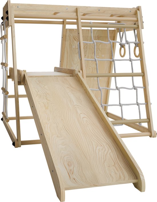 Juskys - Cadre d'escalade d'intérieur pour enfants - 102 x 98 x 100 cm & avec toboggan et mur d'escalade - équipé d'anneaux tournants et d'une échelle de corde - pliable et autoportant - bois naturel et fourré