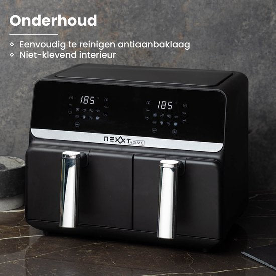 Nexxt Digital Double Airfryer XXL - Friteuse à air chaud avec écran tactile - Capacité 5,5 + 3,5 litres - 8 programmes de cuisson - Noir