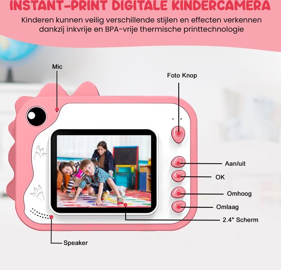 K&L® 3 IN 1 Digital Kids Camera + Instant print + play camera - 32GB micro sd card - camera kids - Vlog camera with games - Photo camera for kids - Small size toy - With video function - Pink
