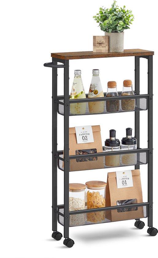 O'DADDY® Kitchen Trolley - Chariot à roulettes étroit - Ilot de cuisine - Chariot de service - Chariot de cuisine à roulettes - Chariot de cuisine - Design industriel - Bois brun - Métal noir