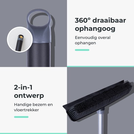 CLEANLY Balai en caoutchouc avec raclette - Balai de barbier - Balai doux intérieur et extérieur - télescopique 114-142 cm - Brosse avec manche - Balai d'intérieur - Largeur 34 cm - Noir, Gris