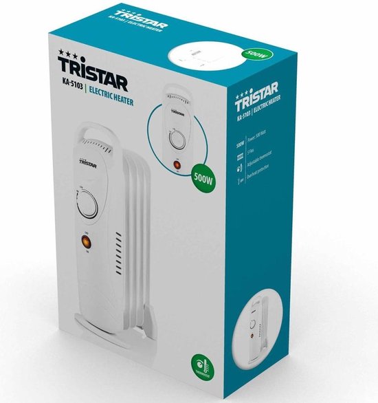 Tristar Electric Heater KA-5103 - Radiateur à bain d'huile - 500 watts - 5 côtes - Compact - Blanc