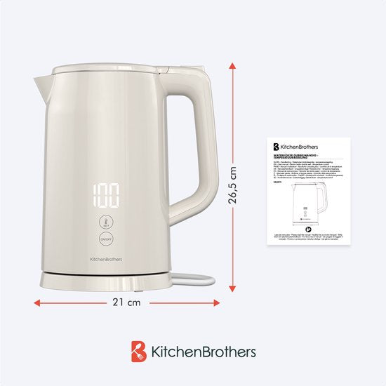 KitchenBrothers Bouilloire - 1.7L - Avec contrôle de la température - Électrique - Fonction maintien au chaud - Affichage - Double paroi - Cool-touch - 2200W - Beige