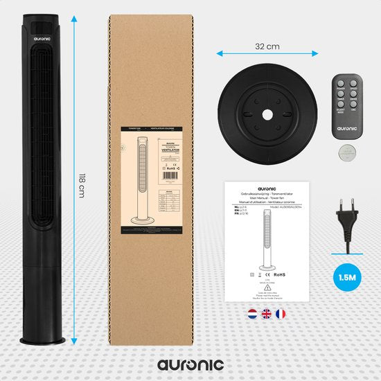 Auronic Tower Fan - Ventilateur sur pied avec télécommande - Ventilateur de sol - Minuteur - Ventilateur de colonne - Ventilateur - 55W - 45dB - 118cm - Noir
