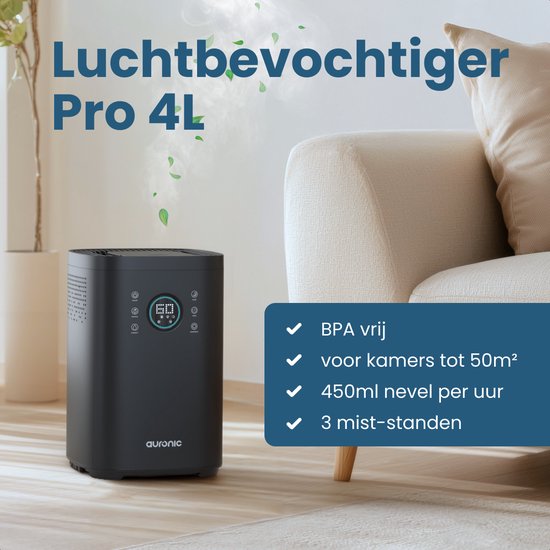 Auronic - Humidificateur - Capacité 4 l - Avec Aromathérapie & Mode Nuit - Sans BPA & Silencieux - Buse 360 degrés - Plastique - Noir