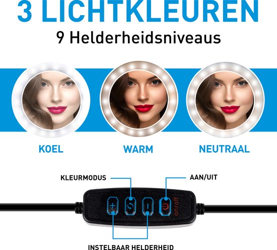 Lampe annulaire Grundig avec trépied - Lampe annulaire réglable jusqu'à 195 cm - Lampe Tiktok avec support de téléphone - Lampe annulaire pour selfie - Lampe annulaire avec 3 niveaux de lumière - Lampe de maquillage