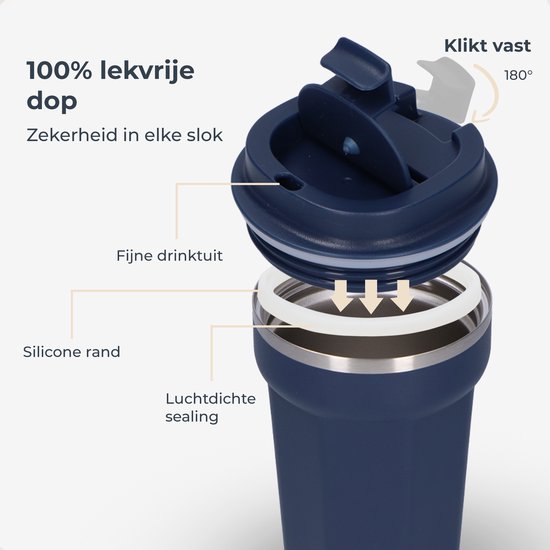 Mug thermos Castagnola - Tasse à café à emporter - Mug de voyage pour le café et le thé - Mug à thé - 380 ML - Acier inoxydable - Bleu foncé - Octogone