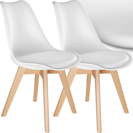 tectake® Dining Chair Frederikke - Lot de 2 chaises de salle à manger avec assise en tissu rembourré - Pieds en bois massif - Chaises ergonomiques adaptées au salon, à la salle à manger, à la chambre et à la cuisine - Capacité 120kg - Blanc