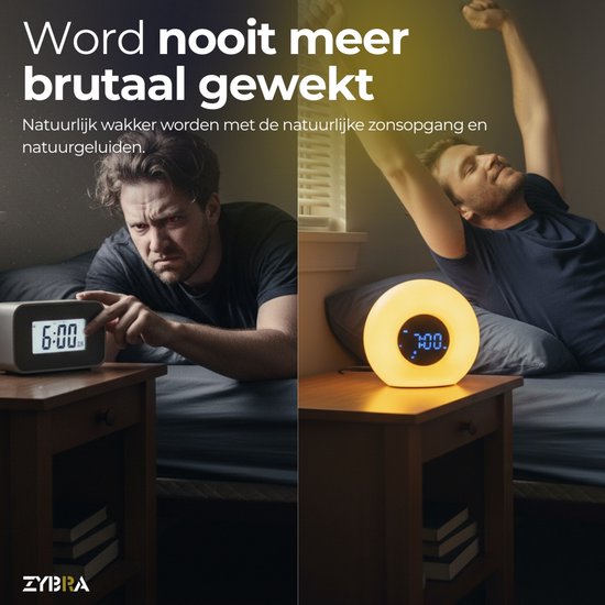 Zybra® Premium Wake Up Light - Réveil numérique - Alarme lumineuse - Veilleuse - Réveil - 20 niveaux de luminosité - 25 sons de bruit blanc - Manuel néerlandais inclus