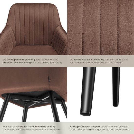 tectake® Dining Chair Marilyn - Chaise tapissée aspect velours - motif de couture - pieds de chaise noirs - chaise de cuisine ergonomique - avec dossier et accoudoirs continus - chaise pour salon, salle à manger, chambre à coucher - marron