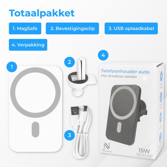 Nuvance - Supports de téléphone pour voiture - Convient pour MagSafe iPhone 12/13/14/15 - Support de téléphone avec chargeur sans fil - Supports de voiture magnétiques - Blanc
