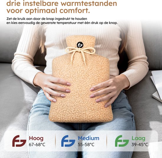 Bouillotte électrique - 3 étapes - Bouillotte - 10 000 mAh Powerbank - Manchette lavable - Bouillotte rechargeable - Teddy Beige - Saaf Comfort