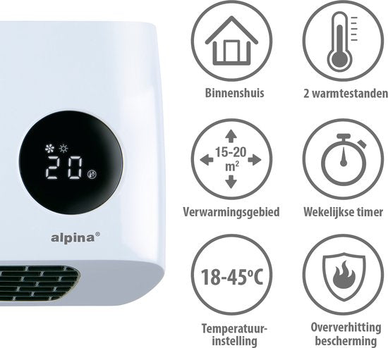 alpina Ceramic Stove with Wall Mounting - Electric Heater 2000W - Adjustable Heat Stages and Timer - Wall Stove with Remote Control - Fan Stove - For Indoors