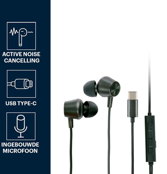 Grundig Earbuds with wire USB C - In-Ear Earbuds with Wire 120cm - Earbuds with Microphone - Adapté à iPhone, Samsung et Tablet - Active Noise Cancellation - Black