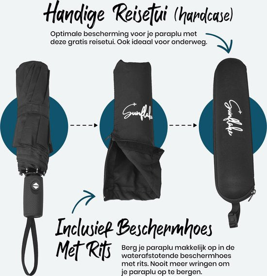 Parapluie pliable - Résiste à la tempête jusqu'à 140km/h - Pliage automatique - Housse de protection et pochette de voyage incluses - Noir - Sunflake