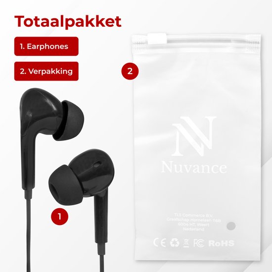 Nuvance - Ecouteurs avec fil - Connexion jack 3,5 mm - Ecouteurs avec fil - Ecouteurs intra-auriculaires avec fil et microphone - Noir