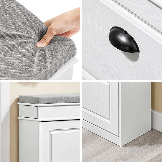 SoBuy FSR64-WG Meuble à chaussures, banc à chaussures, chaussures, entrée, 2 abattants avec coussin amovible, boîte de rangement, étagère pour entrée étroite, 104 x 24 x 51 cm, effet bois antique, blanc