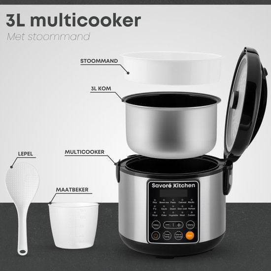 Savoré Kitchen Rice Cooker with Steamer - 3L - 14 Programmes - Multicooker - Rice Cooker - Slow Cooker - PFAS Free - Black stainless steel