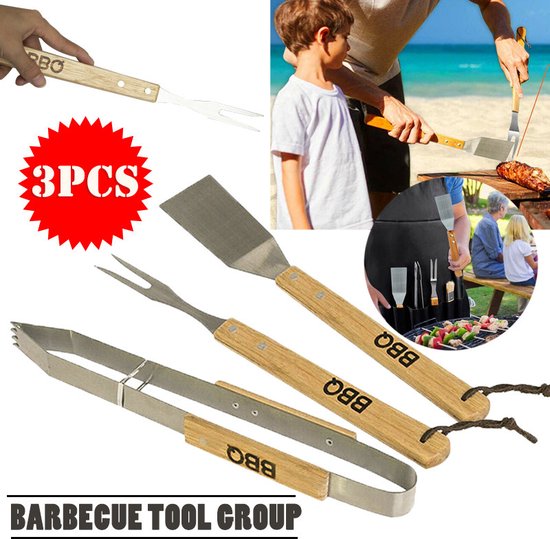 Set d'outils BBQ/barbecue 3 pièces avec manches en bois - Pince - Fourchette - Spatule