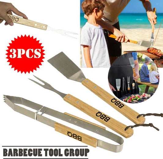 Set d'outils BBQ/barbecue 3 pièces avec manches en bois - Pince - Fourchette - Spatule