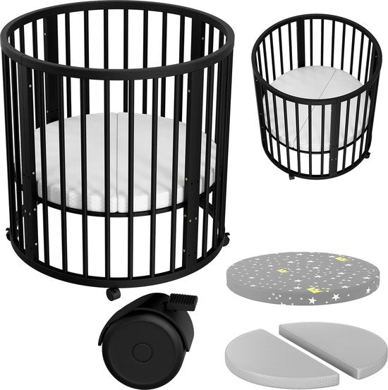 Flowsense Baby Box - Parc pour enfants rond - Parc pour enfants - Avec matelas - Hauteurs réglables - Roulettes - Noir