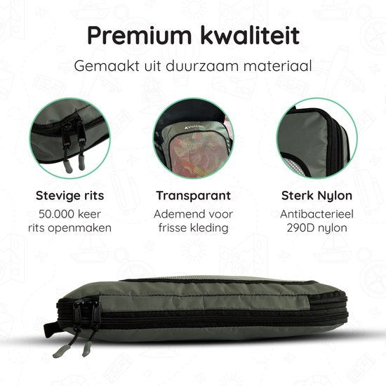 Cubes de compression Volcan - Organiseur de valise - Lot de 4 - Avec fermetures à glissière de compression - Pour sac à dos et valise - Vert botanique