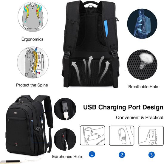 Sac à dos pour ordinateur portable spacieux pour le travail, l'école et les voyages avec port de charge USB
