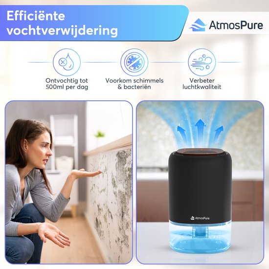 Déshumidificateur AtmosPure® AirDry Compact - Déshumidifie 500 ml par jour - Extrêmement silencieux - LED RGB - Purificateur d'air pour le salon, la chambre et la salle de bain
