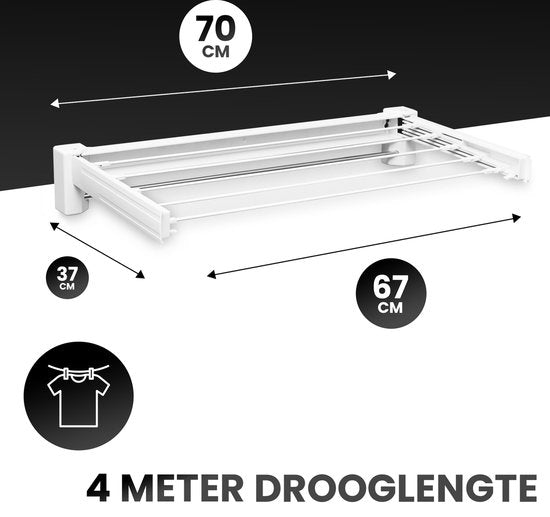 Vonia Étendoir mural - Étendoir à linge - Étendoir à linge - Étendoir mural - 4 m Longueur de séchage - 70 cm - Blanc