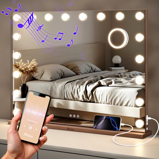 Mirlux Hollywood Mirror 80x60CM - 2 haut-parleurs Bluetooth - ports de charge USB et USB-C - éclairage LED - miroir de maquillage - zoom 10x - suspendu - or rose