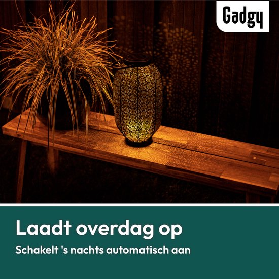 Gadgy Solar Lantaarn Bloem Groot - Solar tuinverlichting op zonneenergie - Led buitenverlichting met dag/nacht sensor - Tafellamp - Tuinlantaarn - Metaal - 36 x Ø20 cm - zwart / goud