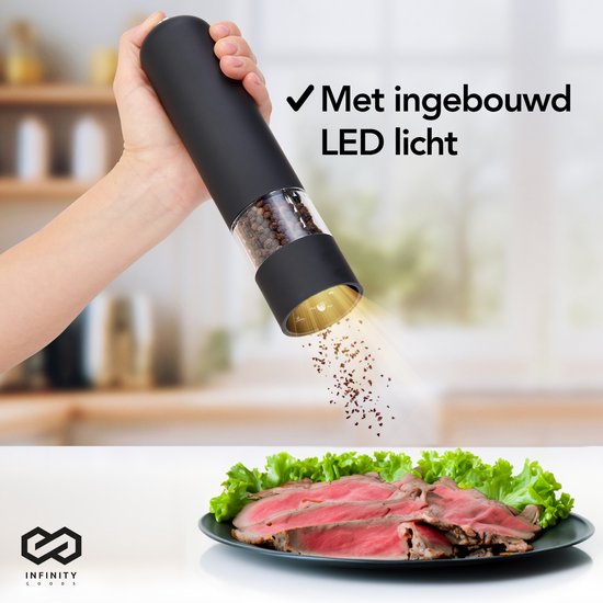 Infinity Goods Moulin à poivre et à sel électrique - Moulin à poivre - Moulin à sel - Moulin à épices - Noir