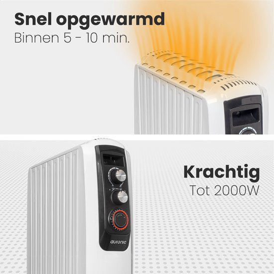 Auronic Radiateur à Huile avec Thermostat - Chauffage 2000W - Chauffage électrique - Minuterie - 3 niveaux - Blanc