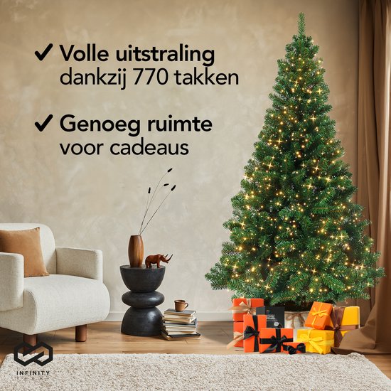 Infinity Goods Artificial Christmas Tree With LED Lights - 210 cm - Arbre de Noël réaliste en plastique - Support en métal - Vert