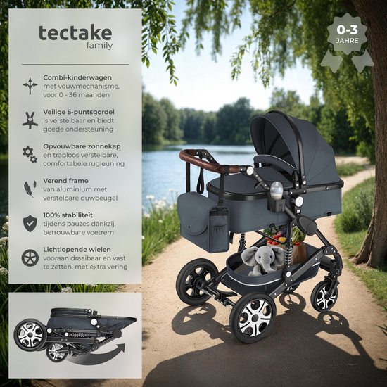tectake® - Tapis de poussette multifonctionnel - Poussette 2 en 1 comprenant une chancelière, un habillage pluie, un porte-biberon et un panier de rangement - Poussette avec une capacité de charge de 15 kg - Pliable avec harnais 5 points - Anthracite