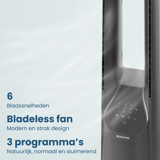 Ventilateur de tour Auronic - Modèle sans pales - Refroidisseur d'air - Ventilateur de sol - Ventilateur silencieux sur pied - 101 CM - 6 vitesses - Ventilateur - Avec minuterie - 39 dB - Gris clair
