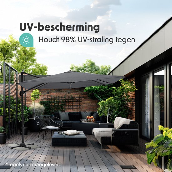LifeGoods Parasol - 300x300 cm - inclinable - 7 supports - imperméable - avec housse - Anthracite
