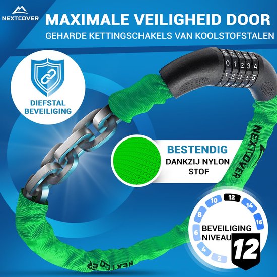 NEXTCOVER® Digit Lock Cadenas pour vélo - L'original - [SAFESECURE] Haute sécurité - Cadenas pour vélo avec code à 5 chiffres, cadenas pour vélo en acier - Cadenas pour vélo parfait pour e-bike - Cadenas à chaîne Vegetable