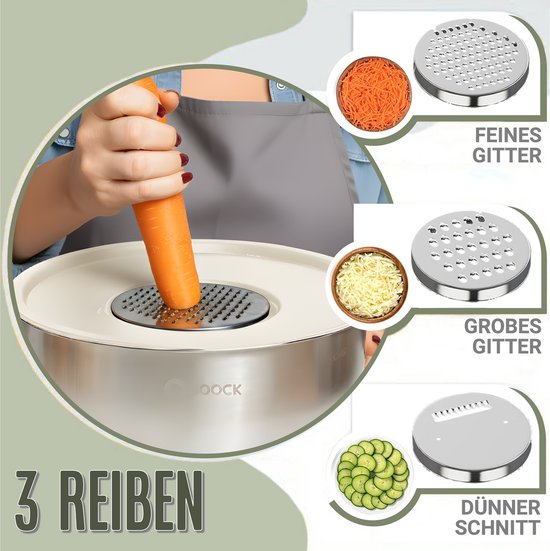 COOCK inox - Set de bols à mélanger avec couvercle - Bols à frire avec couvercle - Bol de stockage avec râpe - Bol pour salades et mélanges - Set de 22 pièces de 1,5 à 5 litres - Beige - Cuillères à mesurer incluses