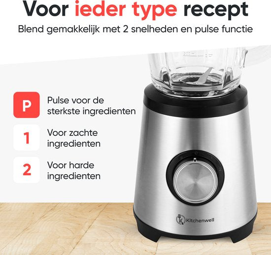 Mixeur - Kitchenwell - Bledner à smoothie - 1300 watts avec gobelet - 1,75 litre - Récipient en verre - Acier inoxydable