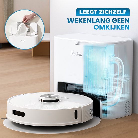 Redkey R10 Robot aspirateur avec fonction de nettoyage - Robot aspirateur avec station de charge - Robot aspirateur se vide automatiquement - Robot aspirateur - Robot nettoyeur - Robot nettoyeur - Blanc