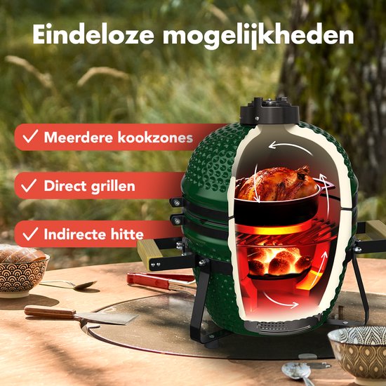 KitchenBrothers Kamado BBQ - 13 Inch Charcoal Barbecue - 27⌀ cm - sans PFAS - Deluxe Set - Egg BBQ with Accessories including Cover - Vert