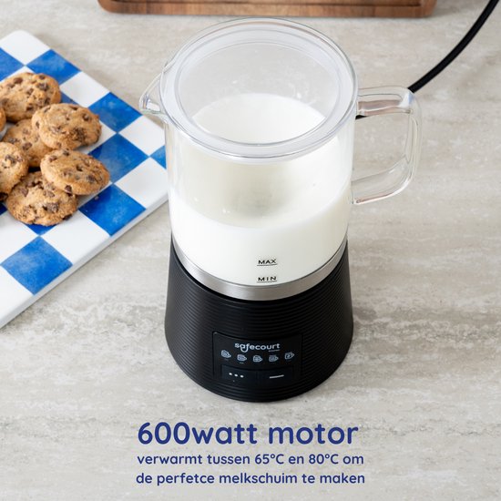 Safecourt Kitchen Mousseur à lait en verre - Mousseur à lait électrique - Revêtement antiadhésif - 600 watts - Noir