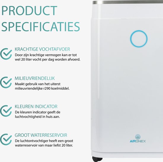 Déshumidificateur 20L - Aironex - 20 litres par jour - Prévient les moisissures - Silencieux - Blanc