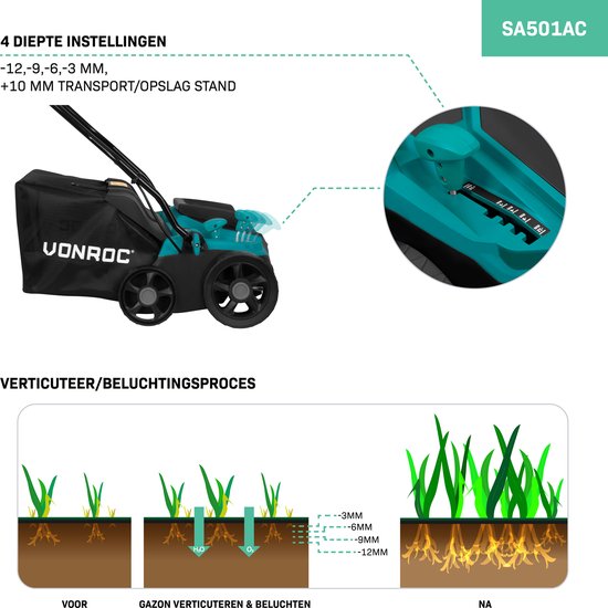 VONROC Scarificateur électrique - aérateur de gazon - 1300W - largeur de coupe 320 mm - 4 réglages de profondeur (12/9/6/3 mm) - bac de ramassage 35L inclus