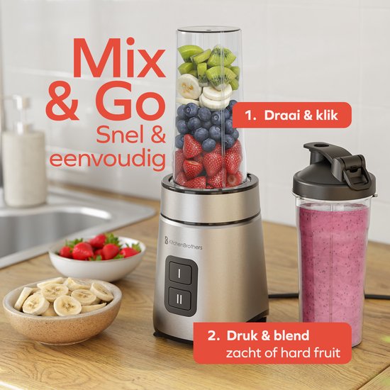 KitchenBrothers Mini Blender - Blender to Go - 2 Stands - Smoothie Maker - 2 To-Go Cups 600 ml - Noir