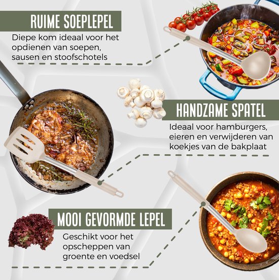 COOCK Batterie de cuisine en silicone avec support XL - Batterie de cuisine 26 pièces - Sans BPA ni plastique - Susceptible d'être suspendue - Ouvre-boîte inclus - Beige