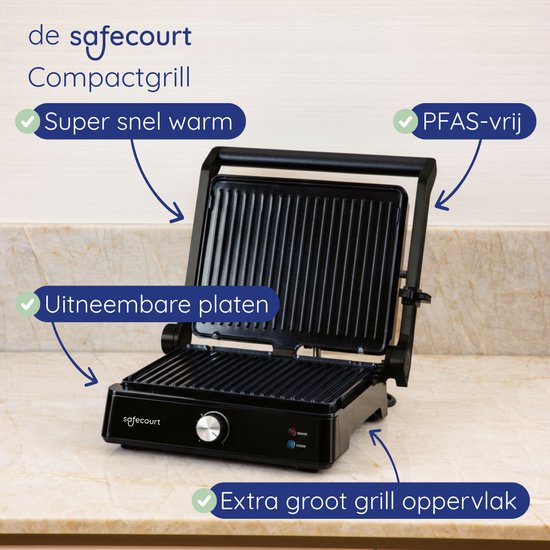 Safecourt Kitchen - Grille à panini et fer à sandwich grillé - Plaques amovibles sans PFAS et lavables au lave-vaisselle - Grande surface de gril - Chaleur rapide - Gril à contact - Noir