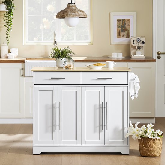 SoBuy FKW129-WN Chariot de cuisine sur roulettes - Ilot de cuisine avec plan de travail coulissant, 2 tiroirs et étagères réglables - Chariot de cuisine mobile ou meuble de table à manger, blanc 113x91x(44-69) cm