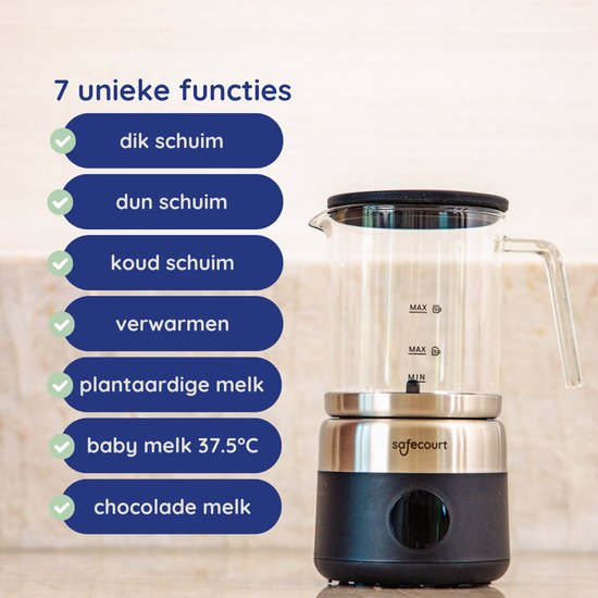 Safecourt Kitchen Glass Milk Frother - Mousseur à lait électrique - Cruche en verre & sans PFAS - Lavable au lave-vaisselle - Noir - MF700